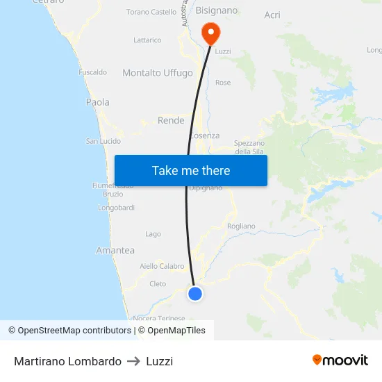 Martirano Lombardo to Luzzi map