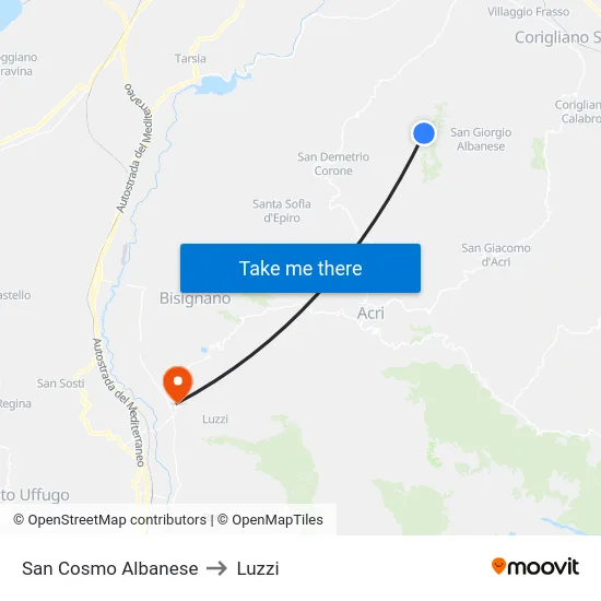 San Cosmo Albanese to Luzzi map