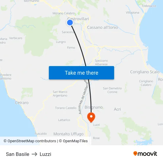 San Basile to Luzzi map