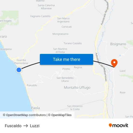 Fuscaldo to Luzzi map