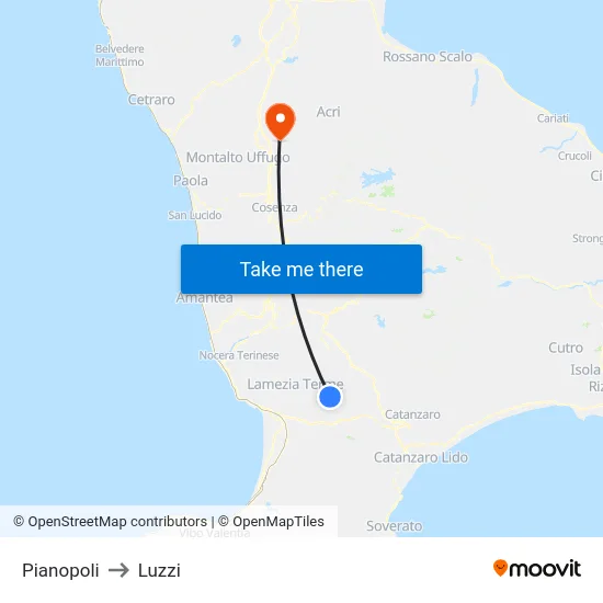 Pianopoli to Luzzi map