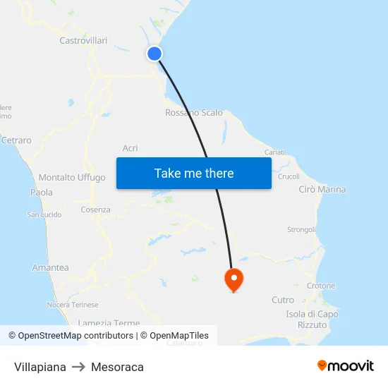 Villapiana to Mesoraca map