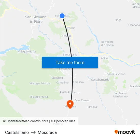 Castelsilano to Mesoraca map