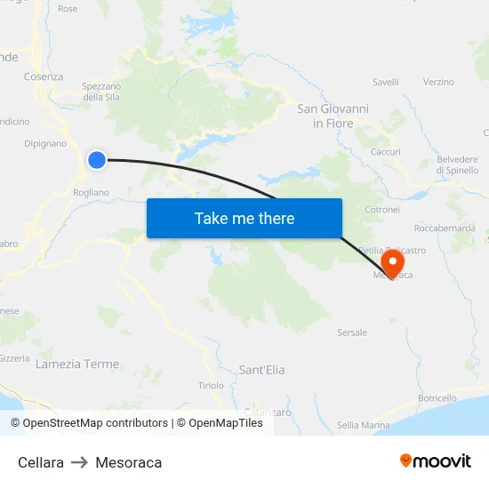 Cellara to Mesoraca map