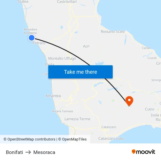 Bonifati to Mesoraca map