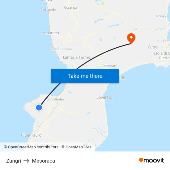 Zungri to Mesoraca map