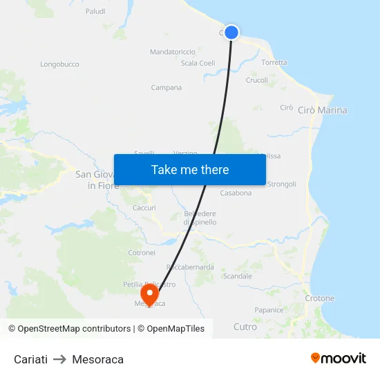 Cariati to Mesoraca map