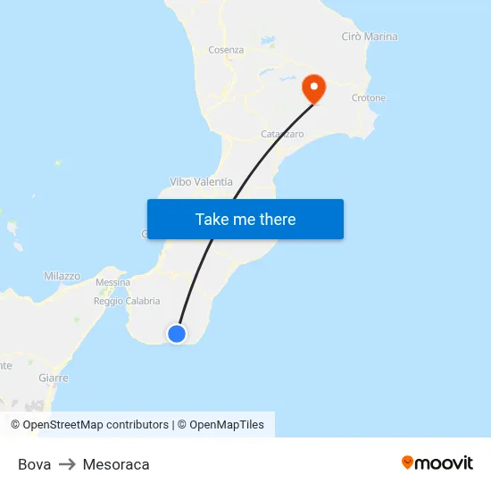 Bova to Mesoraca map