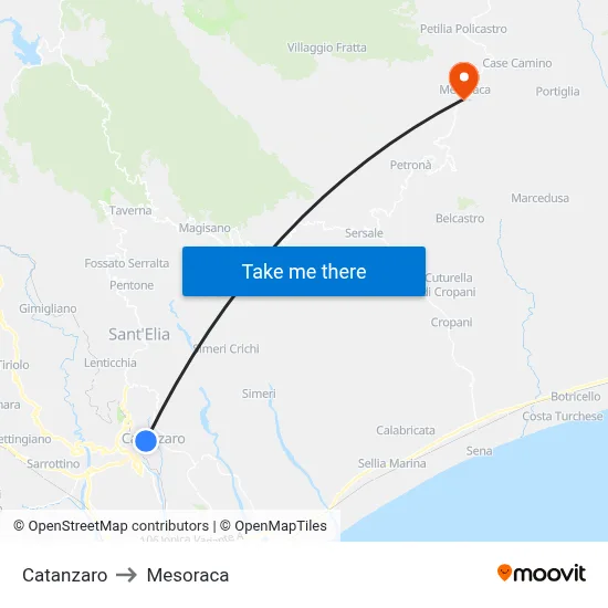 Catanzaro to Mesoraca map