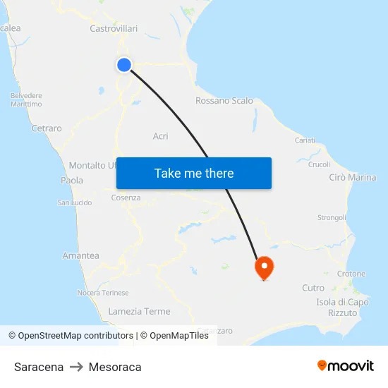 Saracena to Mesoraca map