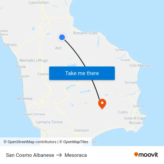 San Cosmo Albanese to Mesoraca map