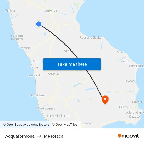 Acquaformosa to Mesoraca map