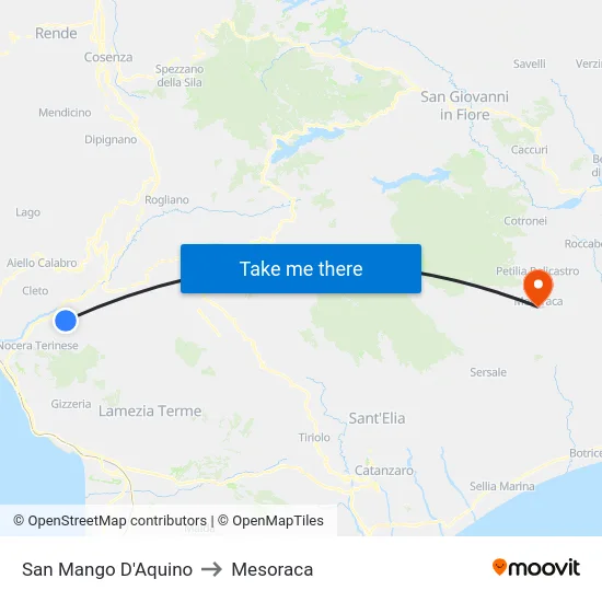 San Mango D'Aquino to Mesoraca map