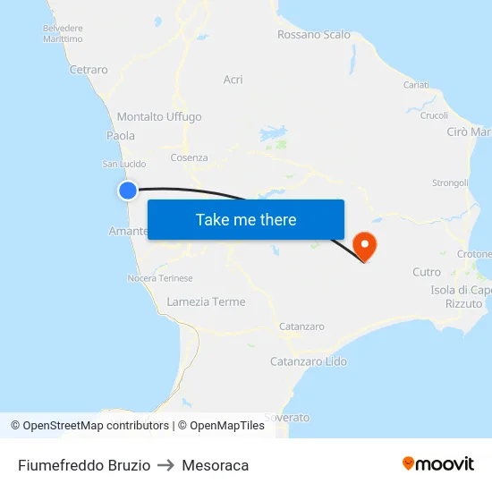 Fiumefreddo Bruzio to Mesoraca map