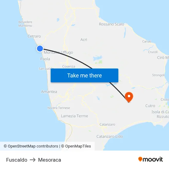 Fuscaldo to Mesoraca map