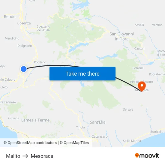 Malito to Mesoraca map