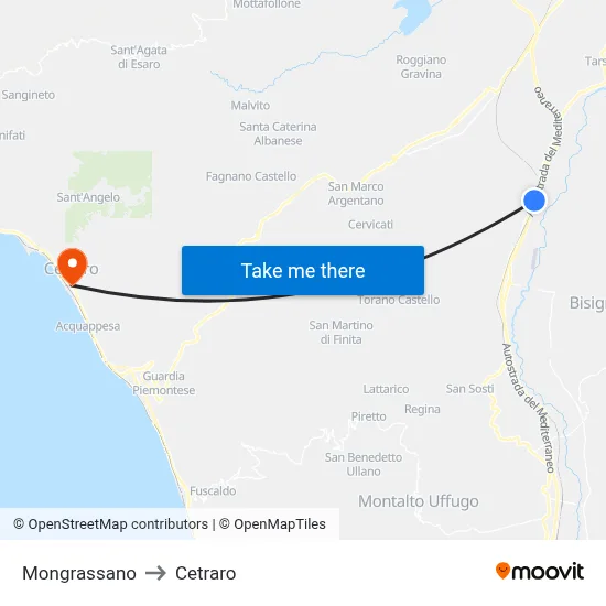 Mongrassano to Cetraro map