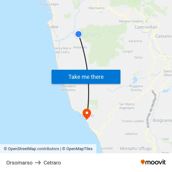 Orsomarso to Cetraro map