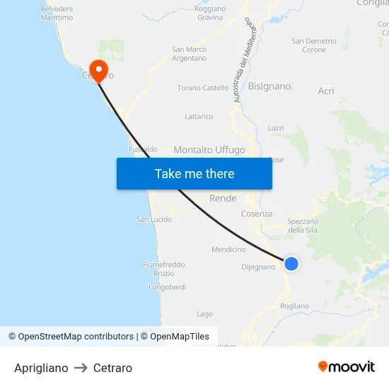 Aprigliano to Cetraro map