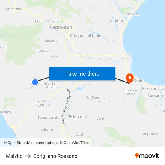 Malvito to Corigliano-Rossano map