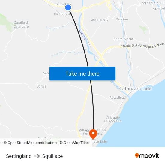 Settingiano to Squillace map