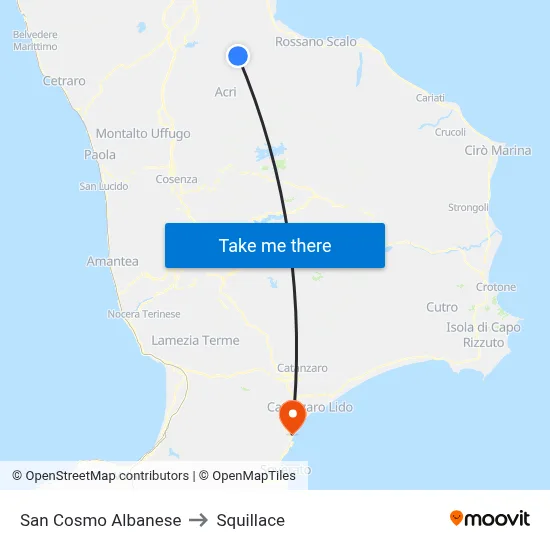 San Cosmo Albanese to Squillace map