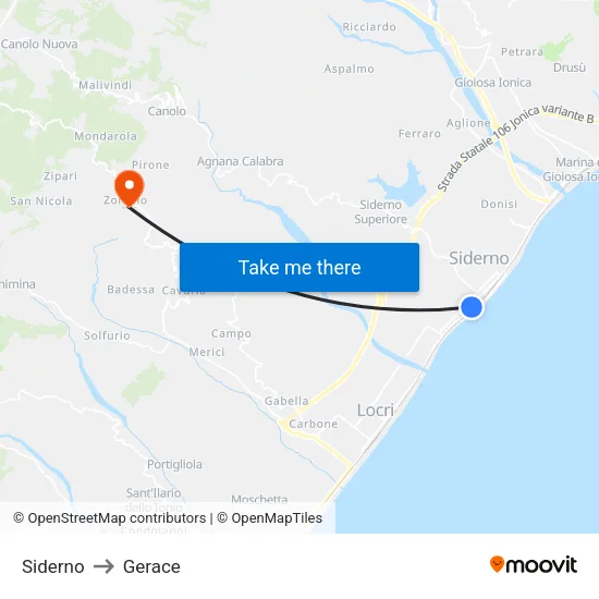 Siderno to Gerace map