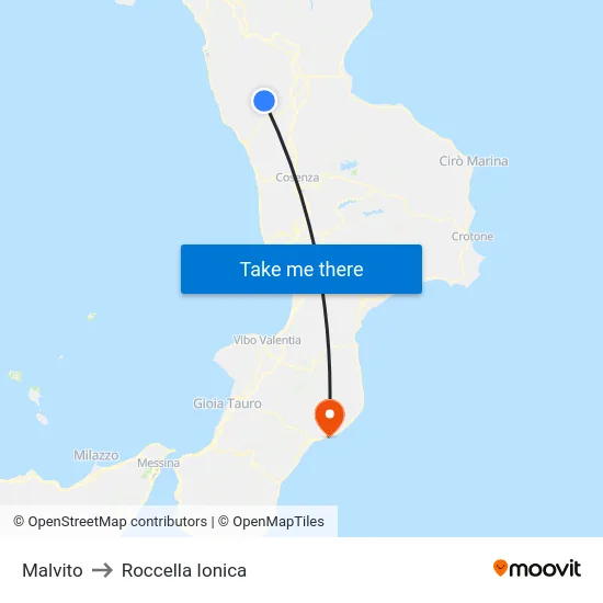 Malvito to Roccella Ionica map