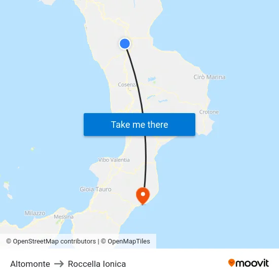 Altomonte to Roccella Ionica map