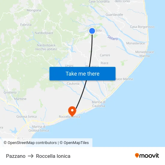 Pazzano to Roccella Ionica map