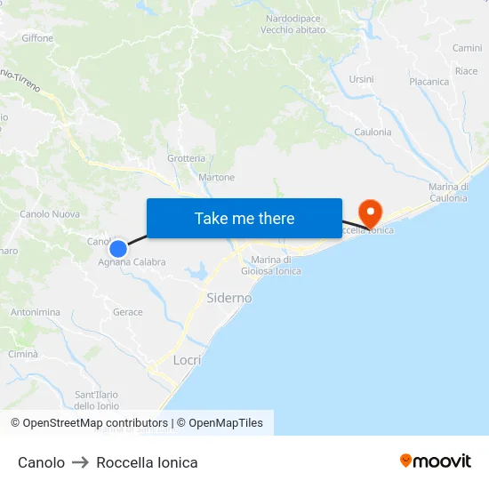 Canolo to Roccella Ionica map
