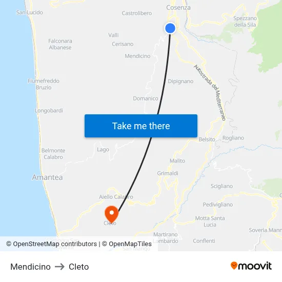 Mendicino to Cleto map