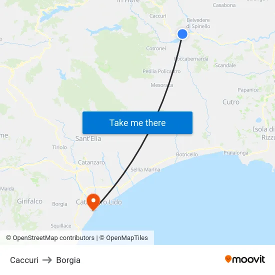 Caccuri to Borgia map