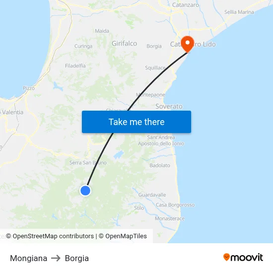 Mongiana to Borgia map