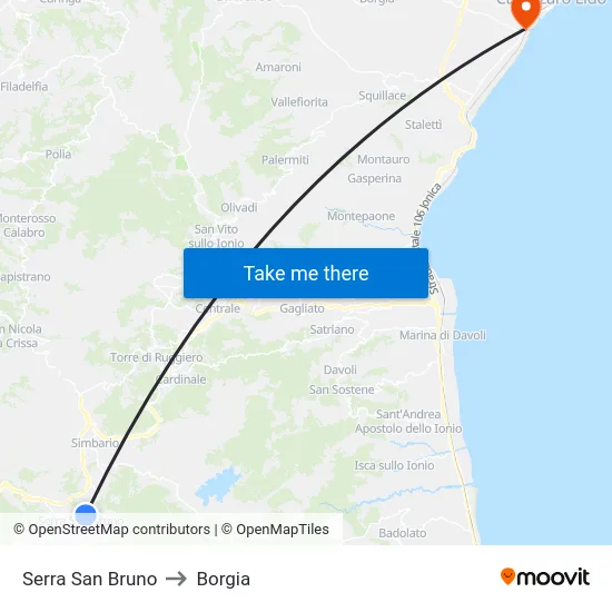 Serra San Bruno to Borgia map