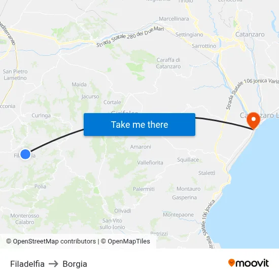 Filadelfia to Borgia map