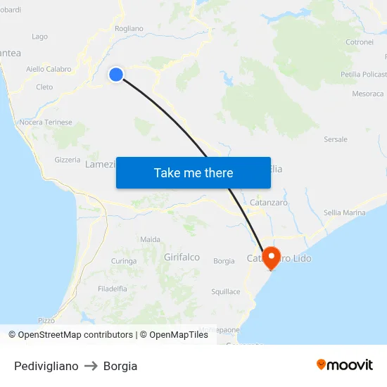 Pedivigliano to Borgia map