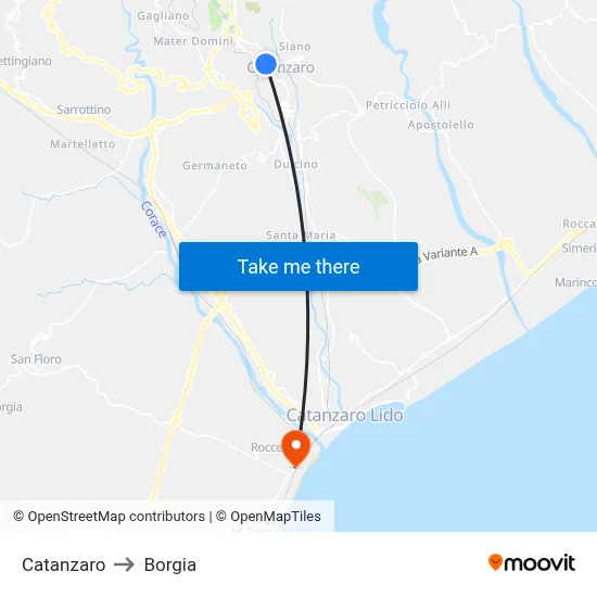 Catanzaro to Borgia map