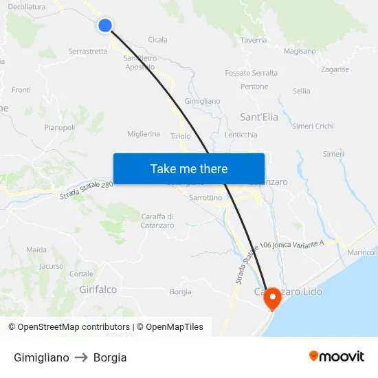 Gimigliano to Borgia map