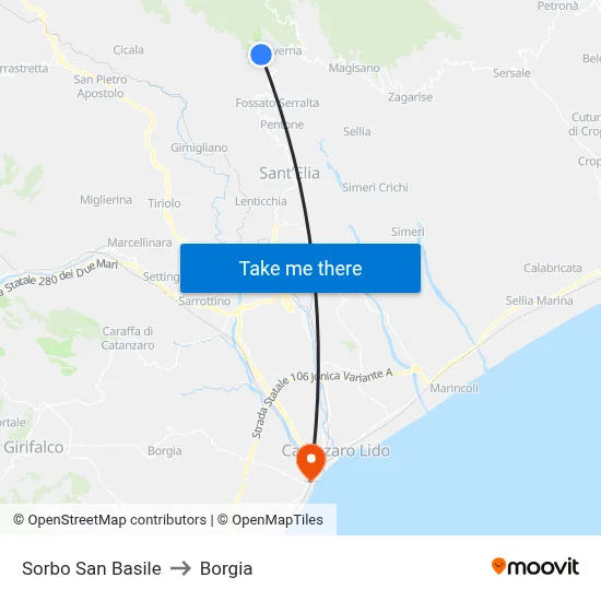 Sorbo San Basile to Borgia map