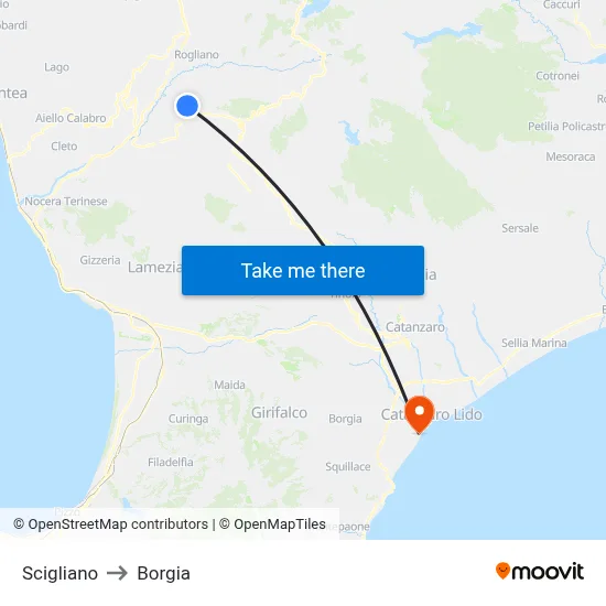 Scigliano to Borgia map
