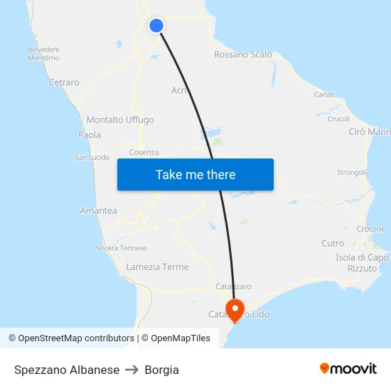 Spezzano Albanese to Borgia map