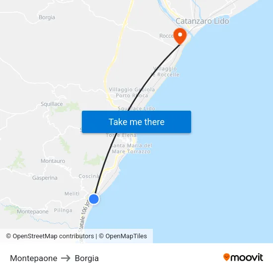Montepaone to Borgia map