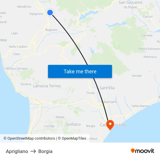 Aprigliano to Borgia map