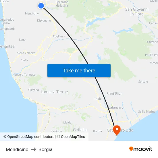 Mendicino to Borgia map