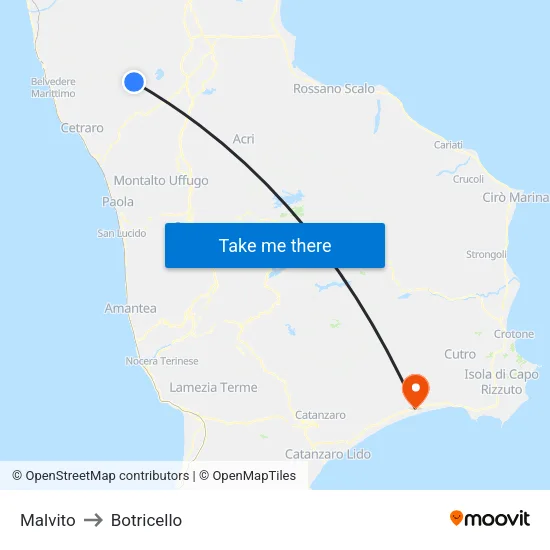 Malvito to Botricello map