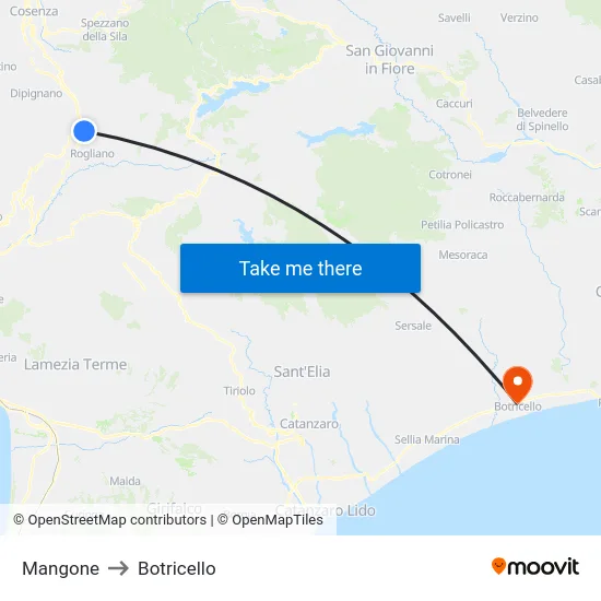 Mangone to Botricello map