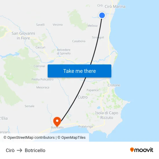Cirò to Botricello map