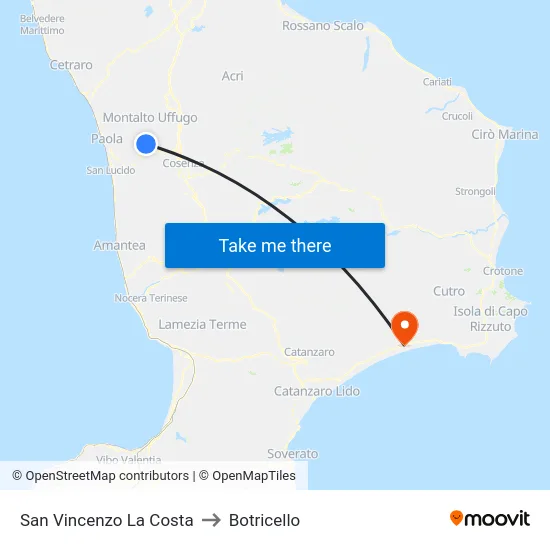 San Vincenzo La Costa to Botricello map