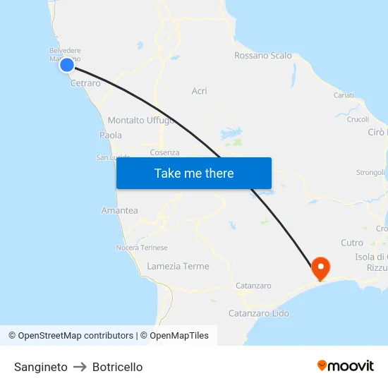 Sangineto to Botricello map